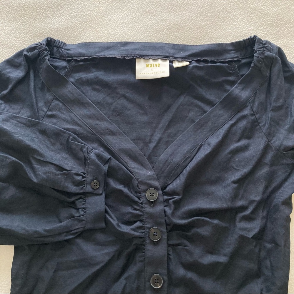 Maeve by Anthropologie Women’s V-neck Button Up Ruched Top. Navy Blue. Sz 4 Us